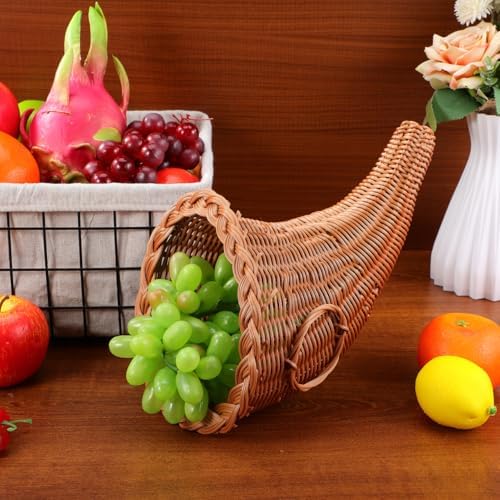HOMSFOU Cornucopia Baskets Horn Imitation Vine Fall Thanksgiving Fruits Cornucopia Basket Snack Food Bread Horn for Christmas Table Centerpiece - Image 3