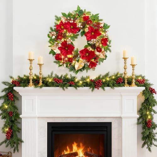 24 Inch Magnolia Christmas Wreath for Front Door, Christmas Wreath with LED Lights, Red Flowers, Red Berries, Pinecones Christmas Decorations，Winter Door Wreath for Wall Window Indoor or Outdoor - Image 3