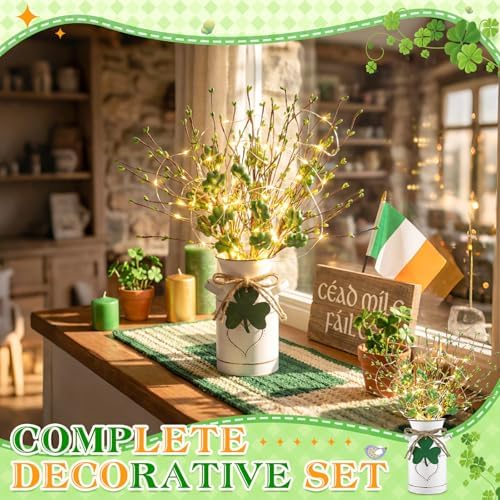 Tioncy 1 Set St. Patrick's Day Table Centerpieces Artificial Berry Stems Shamrock Flower Pick with Metal Vase and String Light Rustic Farmhouse Irish St Patrick's Day Decorations for Home Office Desk - Image 5