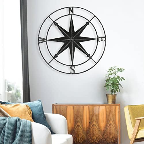 aboxoo Round Metal Compass Decorative Compass Metal Wall Art Hanging Wall Sculpture 22.8 Inch Black Diameter Farmhouse Decor Indoor or Outdoor Sign - Image 2