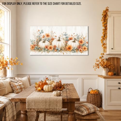 WAXWHELK Pumpkin Fall Canvas Wall Art, White Pumpkins and Orange Flowers Autumn Painting Pictures, Rustic Farmhouse Artwork for Living Room Bedroom Thanksgiving Home Decor (20"x40") - Image 3