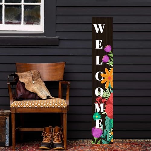 Spring Flowers Welcome Sign for Front Door Outdoor Porch Sign Home Decor Porch Standing Welcome Yard Sign Wood Door Sign Tall Summer Welcome Garden Sign Seasonal Wall Decorations for Outside Patio - Image 2