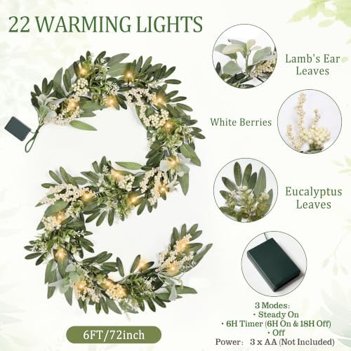 6 FT Green Eucalyptus Garland with 22 Warm Lights & 6H Timer - Image 3