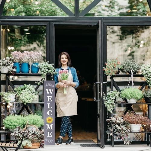 Perfnique Interchangeable Welcome sign for front porch standing, 47 x 7.9 Inch Black Wooden Leaner Sign with 10 Interchangeable Designed Icons, Morden Farmhouse Rustic Seasonal Decor for Spring Easter - Image 2