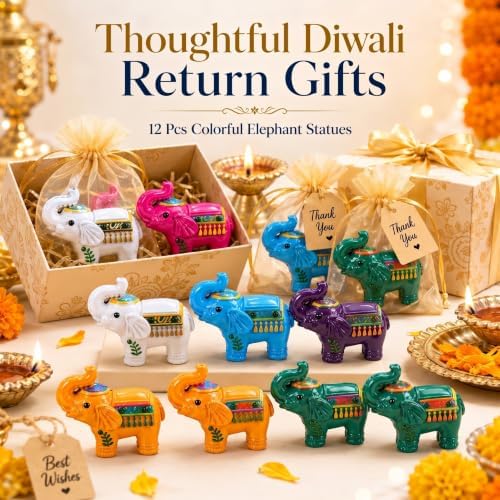 12 Pcs Indian Return Gift Bulk for Pooja, Colorful Elephant Statue - Image 4