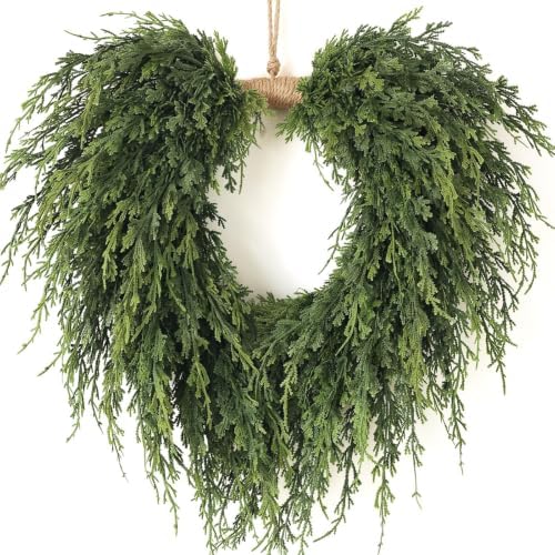 22"Heart-Shaped Artificial Christmas Cedar Pine Wreath for Front Door Decor by YXZZWL