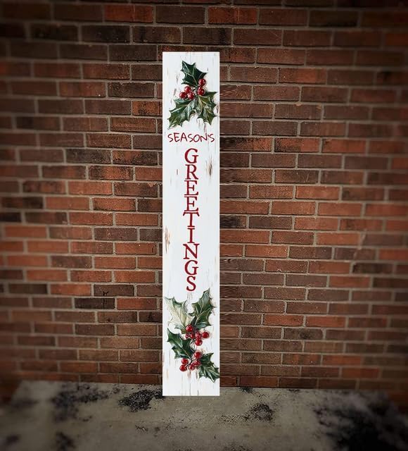 Season's Greetings Porch Board Welcome Sign for Front Door Porch Deck Patio or Wall - Indoor Outdoor Decorative Christmas Holiday Farmhouse Rustic Vertical Porch Decor - Image 2