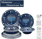 UPware 12 Piece Hanukkah Menorah Melamine Dinnerware Sets, Outdoor Dishes Set, Plates and Bowls Sets, Hanukkah Decorations, Service for 4, Indigo Blue - Image 4