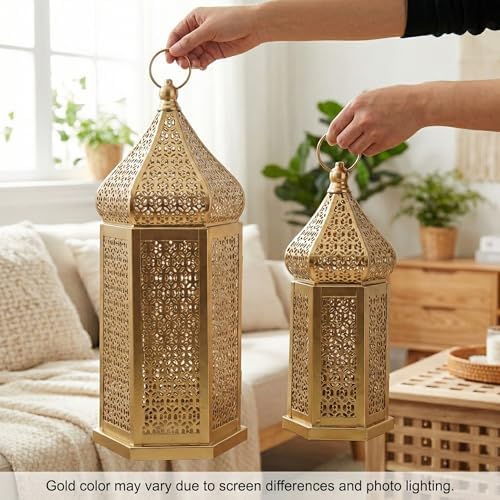 VELA LANTERNS 8ct Golden Tower Temple Moroccan Lantern Lamp Decorative Candle Holders for Ramadan Decorations, Hanging, Outdoor Patio or Porch, Indoor Home Decor, Gold, 4-11" Small, 4-15" Large - Image 7