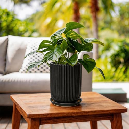 Deep Dream 8 Inch Ceramic Pots for Plants, Heavy Plant Pot for Indoor Outdoor Plants, Large Plant Pot with Drainage Hole and Saucer, Modern Tall Flower Pot, Gifts for Plant Lovers, Black - Image 2