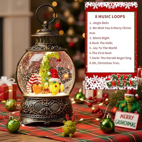 Christmas Snow Globe Lighted Gnomes Santa Elf Whimsical Christmas Tree Scene, Musical Snow Water Lantern Swirling Glittering Home Decoration and Gift, Battery Operated or USB Powered - Image 3