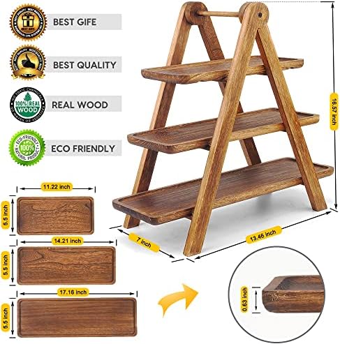 Manspdier Wood 3 Tier Serving Tray Three Tiered Cupcake Stand, Rectangle Serving Platter Wooden Farmhouse Tiered Tray, Party Serving Brown Decorative Tray Decor - Image 3