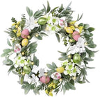 Valery Madelyn 24'' Collapsible Lighted Easter Wreaths for Front Door, Pre-lit Spring Door Wreath with Pastel Eggs, Daisy Flowers & Silk Lambs Ear Leaves, Farmhouse Indoor Outdoor Wall Window Decor by ValeryMadelyn