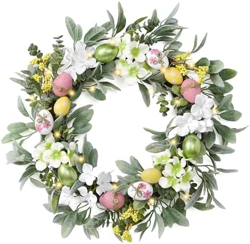 Valery Madelyn 24'' Collapsible Lighted Easter Wreaths for Front Door, Pre-lit Spring Door Wreath with Pastel Eggs, Daisy Flowers & Silk Lambs Ear Leaves, Farmhouse Indoor Outdoor Wall Window Decor by ValeryMadelyn