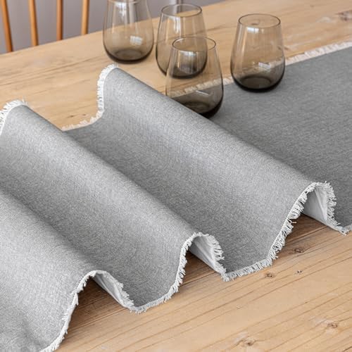 Over&Back 18x108 Woven Frayed Chambray Cotton Table Runner - Washable Table Runners for a Custom Home Decor Tablescape - Hand-Finished Frayed Edges - Coffee Table, Dinner Table, Living Room - Grey - Image 6