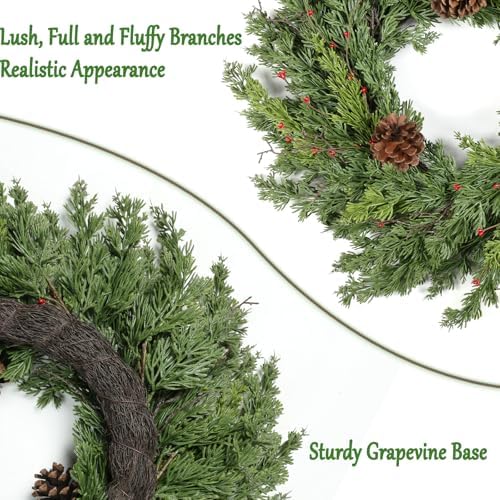 Real Touch Pine Christmas Wreath 24 Inch Christmas Wreaths for Front Door Winter Wreath Artificial Green Wreaths Outdoor Christmas Decorations Indoor Outside Window Home Holiday Thanksgiving - Image 5