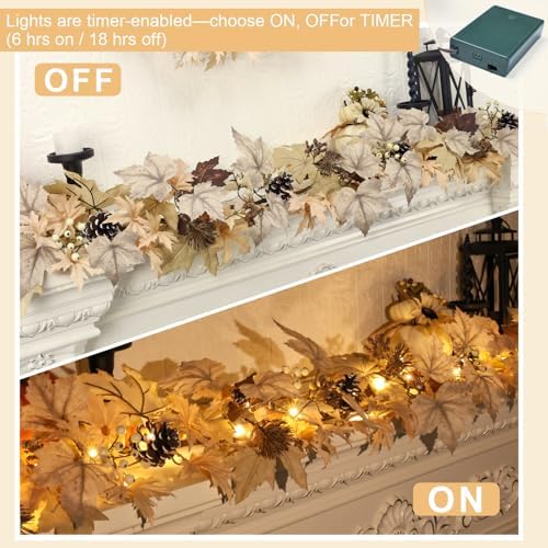 Realistic Fall Garland with Lights, 6 FT Real Touch Feel Leaves Garland with Berries Pine Cones, Fall Decorations for Home Thanksgiving Halloween Decorations Indoor Farmhouse Porch Fireplace - Image 2