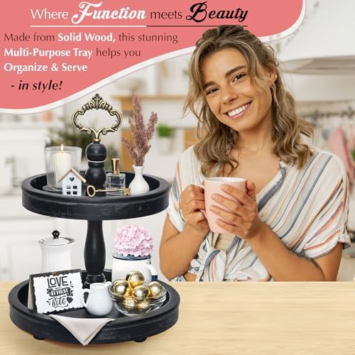 2 Tiered Tray Stand [Includes 3 Changeable Handles] - Rustic Cupcake Stand, Coffee Table Tiered Serving Tray for Kitchen Counter, Stunning Rustic Home Decor, Display Fruits, Plants, Candles (Black) - Image 5
