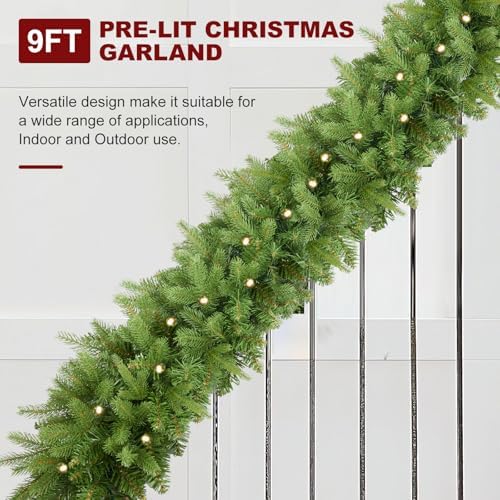 9FT Pre-Lit Artificial Christmas Garland with 50 LED Light Battery Operated, Holiday Decorations with 300 Tip Branch, for Indoor Door Home Stairs Fireplaces Wall - Image 5