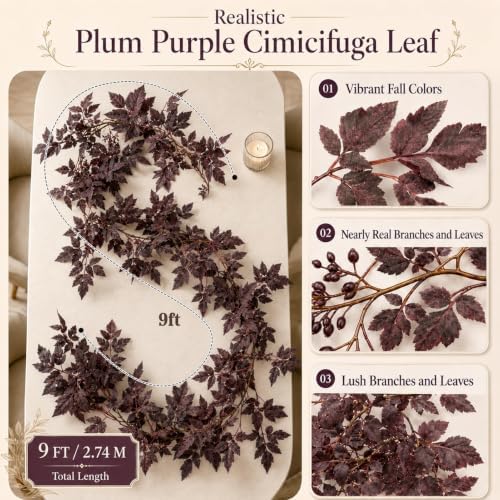9FT Plum Cimicifuga Seeded Garland,Artificial Fall Leaf Garland for Mantel - Image 2