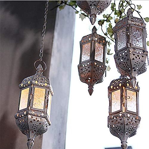 2PCS Moroccan Hanging Decorative Candle Lantern Holder Metal Tealight Candlestick Holder Glass Indoor Outdoor Candle Holder Courtyard Hanging Decoration (Vintage White) - Image 5