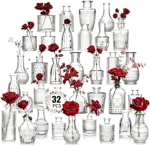 32 PCS Assorted Vintage Bud Vases, Colorful Glass Small Vases Bulk, for Centerpieces, Wedding Table Decor, Home Decorations & Gifts (Clear Series) by Unknown