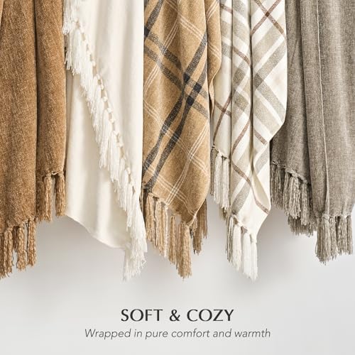 EverGrace Plaid Chenille Knit Throw Blanket, 60"x80", Cream & Beige - Image 7