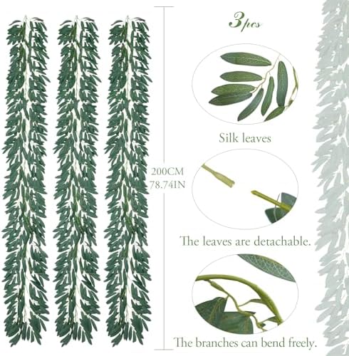 dallisten 3Pcs 6.5FT Artificial Olive Leaves Vine, Silk Fake Olive Garland - Image 3