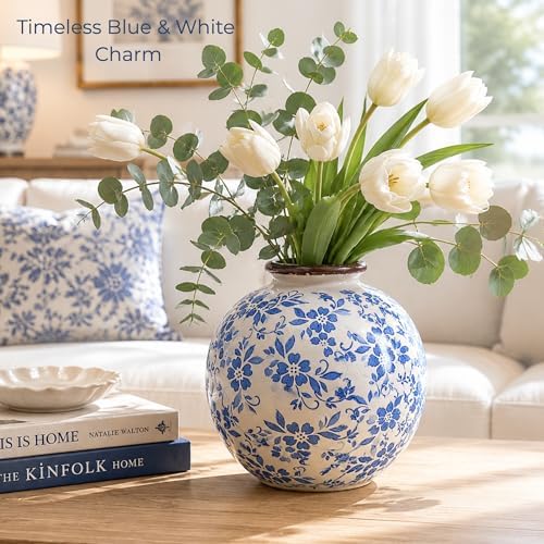 Blue and White Ceramic Vase 8”, Vintage Decorative Pottery Floral Vase for Hydrangeas, Crackle Glaze Chinoiserie Vase for French Country Rustic Farmhouse Coffee Table & Mantel Decor - Image 6
