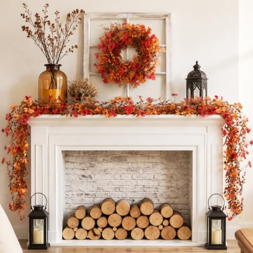 6 Pack Artificial Fall Garland for Mantle, 6.2 Long Fall Mums Flowers Garland with Orange Leaves for Wedding Thanksgiving Arch Indoor Outdoor Harvest Wall Decoration - Image 3