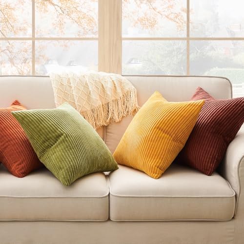 Topfinel Throw Pillow Cover 4pc Set - Multi Yellow Burnt Orange Combo - 22" x 22" Solid Cozy Corduroy Square Accent Decorative Cushion Case for Couch Sofa Chair Bed - Image 4