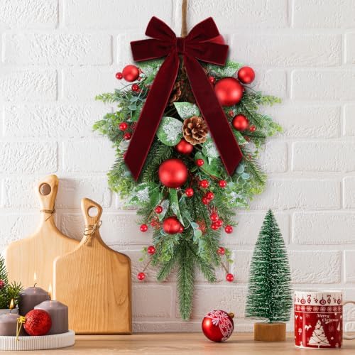 24" Christmas Wreaths for Front Door 2 PCS Christmas Teardrop Swag Winter Wreath with Red Ball Red Berry Pine Needles for Indoor Outdoor Farmhouse Home Wall Window Festival Wedding Decor - Image 2