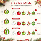 Lunmon 64 Pcs Lime Green Red Christmas Ornament Polka Dot Stripe Xmas Bulbs - Image 3