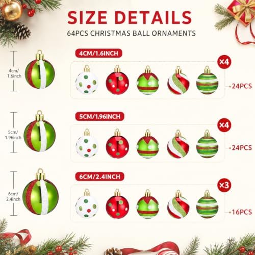 Lunmon 64 Pcs Lime Green Red Christmas Ornament Polka Dot Stripe Xmas Bulbs - Image 3