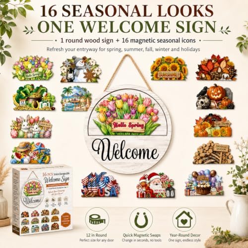 16 Pcs Interchangeable Welcome Sign for Front Door, Round Wood Sign - Image 2