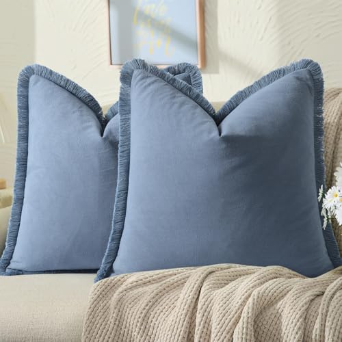 ZWJD Pillow Covers 22x22 Set of 2 Blue Throw Pillow Covers with Fringe Chic Cotton Decorative Pillows Square Cushion Covers for Sofa Couch Bed Living Room Farmhouse Boho Decor by ZWJD