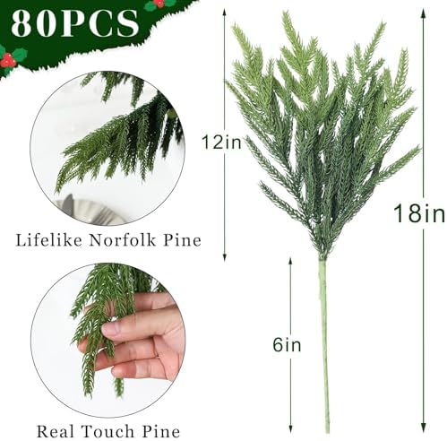 80Pcs 18"Lifelike Touch Artificial Christmas Norfolk Pine Branches for Vase - Image 6
