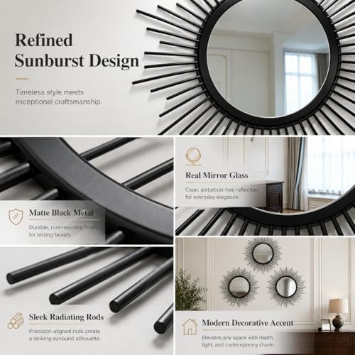 Black Sunburst Mirror Set of 3, 3PCS Metal Round Decorative Wall Mirrors, Starburst Accent Mirror Wall Decor for Living Room, Entryway, Bedroom & Hallway - Image 5