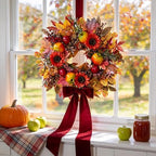 HipTree Handcrafted 24In Fall Wreath Sunflower Pomegranate Front Door Decor - Image 5