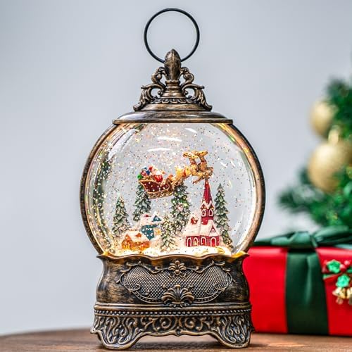 Christmas Village Snow Globe Lighted Flying Santa Scene, Musical Snow Water Lantern Swirling Glittering Home Decoration and Gift, Battery Operated or USB Powered by MXwcy