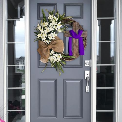 Easter Cross Wreath with Burlap Bow, Easter Door Wreath with Burlap Bow Swag Bowknot Rustic Farmhouse Spring Lily Wreath Easter Decorations for Hanging Door Decor (23IN Num.05) - Image 2