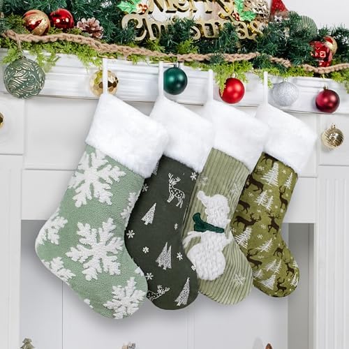 LUBOT Set of 4 Pack Christmas Stockings Applique Sequin Embroidery Craft Mix Plush Classic Rustic Large Family Xmas Stocking Set Fireplace Hanging Holiday Decor - Image 2