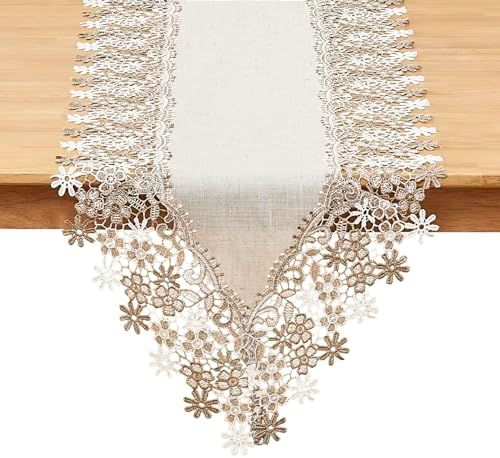 Natural Beige Floral Lace Table Runner Dresser Scarf (16” x108”) by Winotic