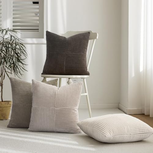 Topfinel Decorative Neutral Throw Pillow Covers 22×22,Farmhouse Cozy Cushion Cover Set of 4 with Corduroy,Soft Accent Pillowcases for Couch,Bed,Living Room Home Decor (Cream,White) - Image 2