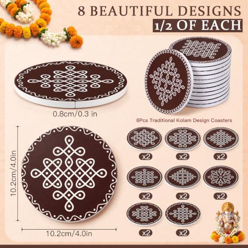 16 Pcs Indian Return Gifts Mini Kolam Ceramic Round Pooja Stand, Brown - Image 4