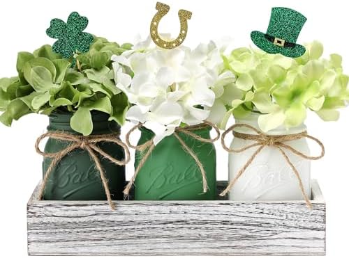 St Patricks Day Mason Jar Decorations, Green Mason Jar Centerpiece for Table with Wood Tray & Flowers, Set of 3 Decorative Jars for St Patrick Green Table Decor, Spring Decor by SUPREMELIGHTS%C2%B72017%C2%B7