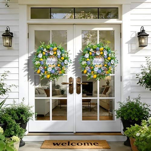Spring Summer Wreaths for Front Door 24 Inch,Summer Wreath with Artificial Lemon,Daisy,Hydrangea & Lotus Pods,Door Wreath for Indoor Outdoor Farmhouse Home Decor - Image 2