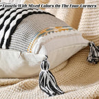 AmHoo Chenille Striped Textured Boho Throw Pillow Covers Aesthetic with Tassels Woven Decorative Pillow Case for Couch Bed Sofa Bedroom Modern Funky 14 x 36-Inch Black - Image 3