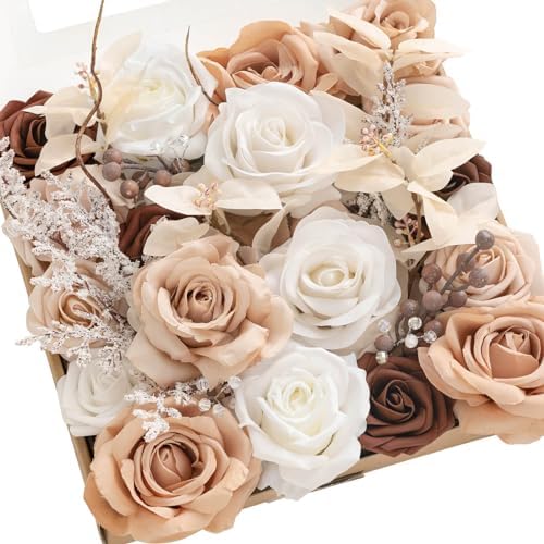 Ling's Moment Fake Flowers Box, Faux Artificial Greenery Stems Foam Roses Berry Silk Leaves Fabic Flower for Centerpieces Bouquet Wedding Vase Floral Arrangement Decoration, White & Sepia, Grand Combo by LingsMoment