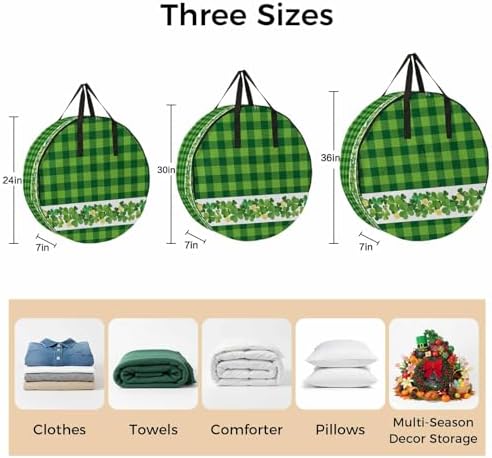 24 Inch Round Storage Bag 1 Pack,Irish Lucky Shamrock Threeleaf Grass Waterproof Wreath Storage Container with Handles&Zipper Green Buffalo Plaid Closet Organizer Bags Garland Box - Image 7